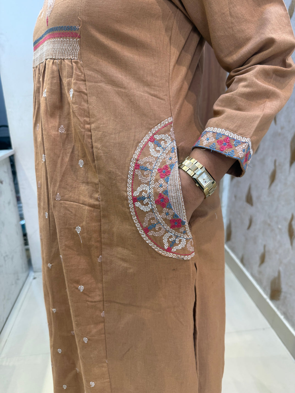 Two sides Pockets Embroidery Pure Cotton Flex Kurti With Pant - HSC1169