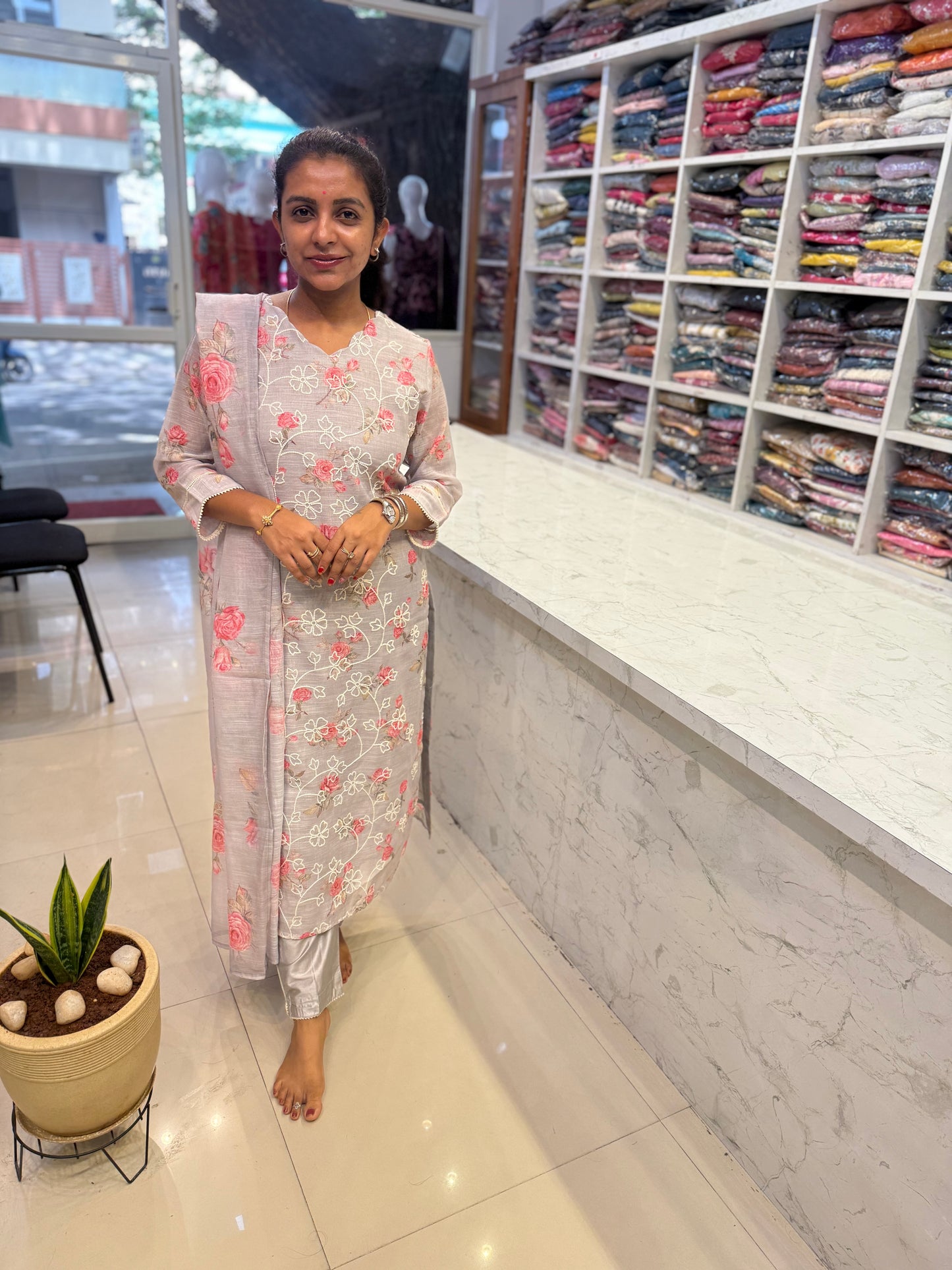 Pure Linen Katha Kurti With Pant and Dupatta