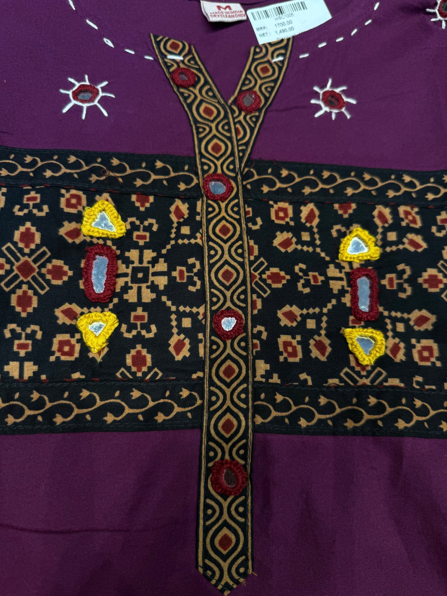 Purple Dhabu Cotton Patch Work Kurti With Pant and Black Constrast Dupatta-HSC98