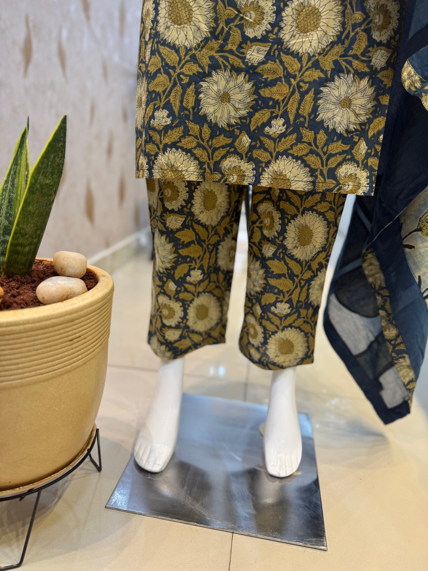 Applique Floral Printed Pure Cotton Kurti with Pant and Dupatta