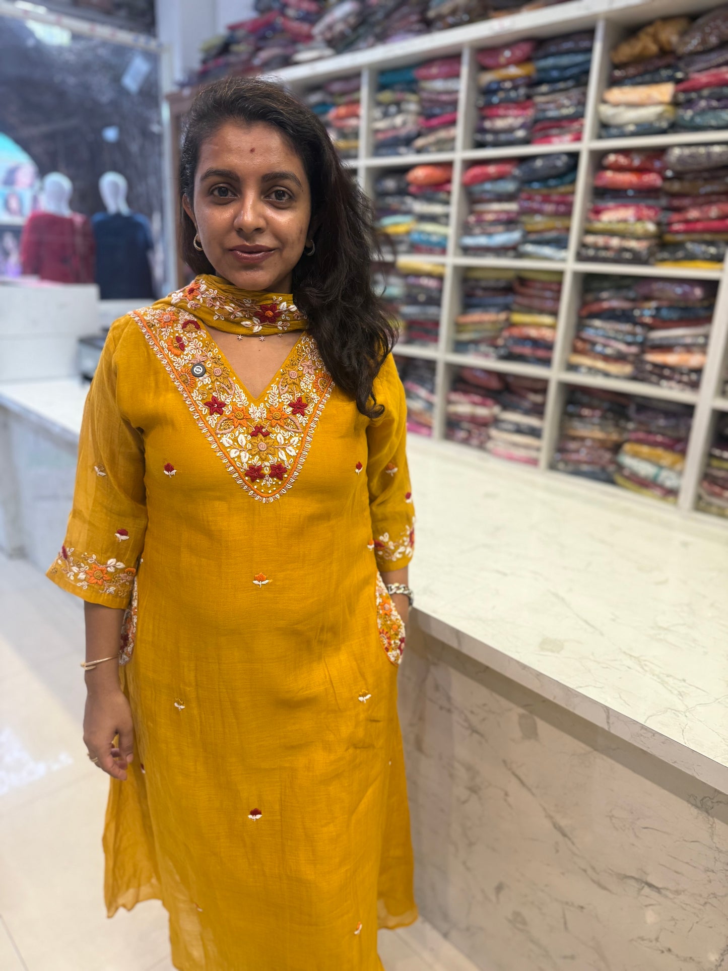 Two sides pocket thread Embroidery Kurti with pant and Dupatta
