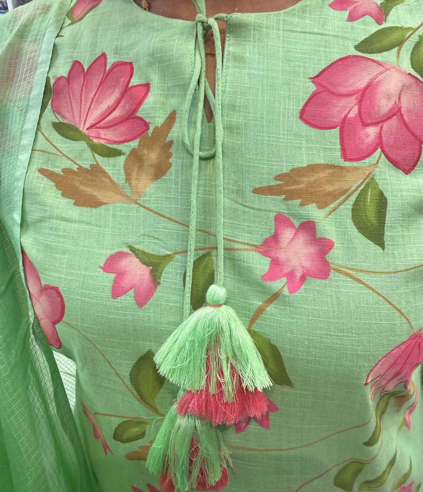 Green Hand Panited Green Kurti With Pant and Dupatta-HSC109