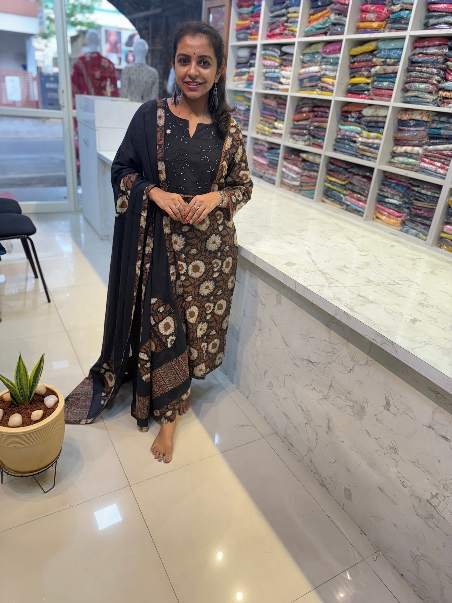 Applique Floral Printed Pure Cotton Kurti with Pant and Dupatta