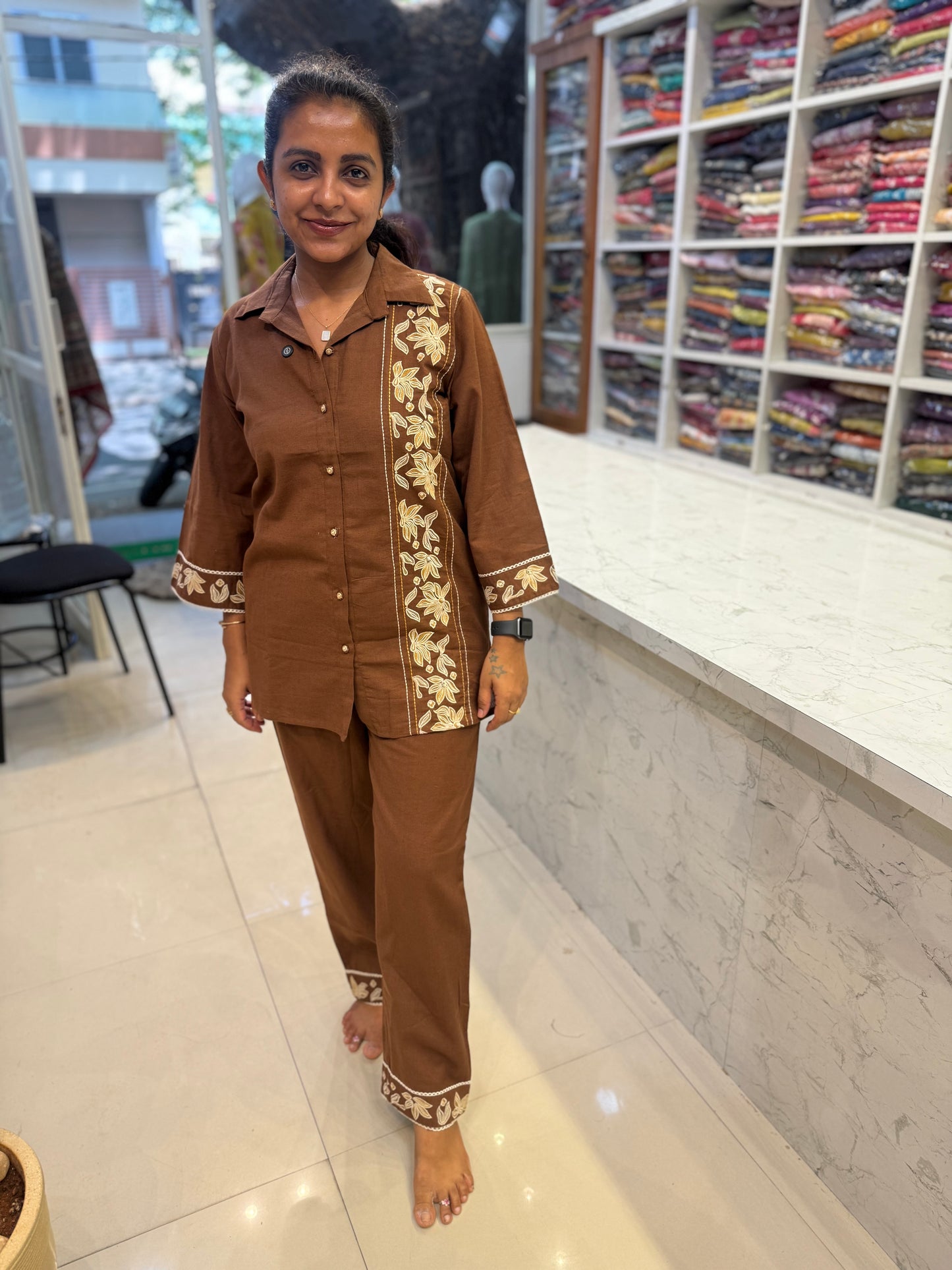 Brown Cotton Flex Embroidery Co-ords Set-HSC93