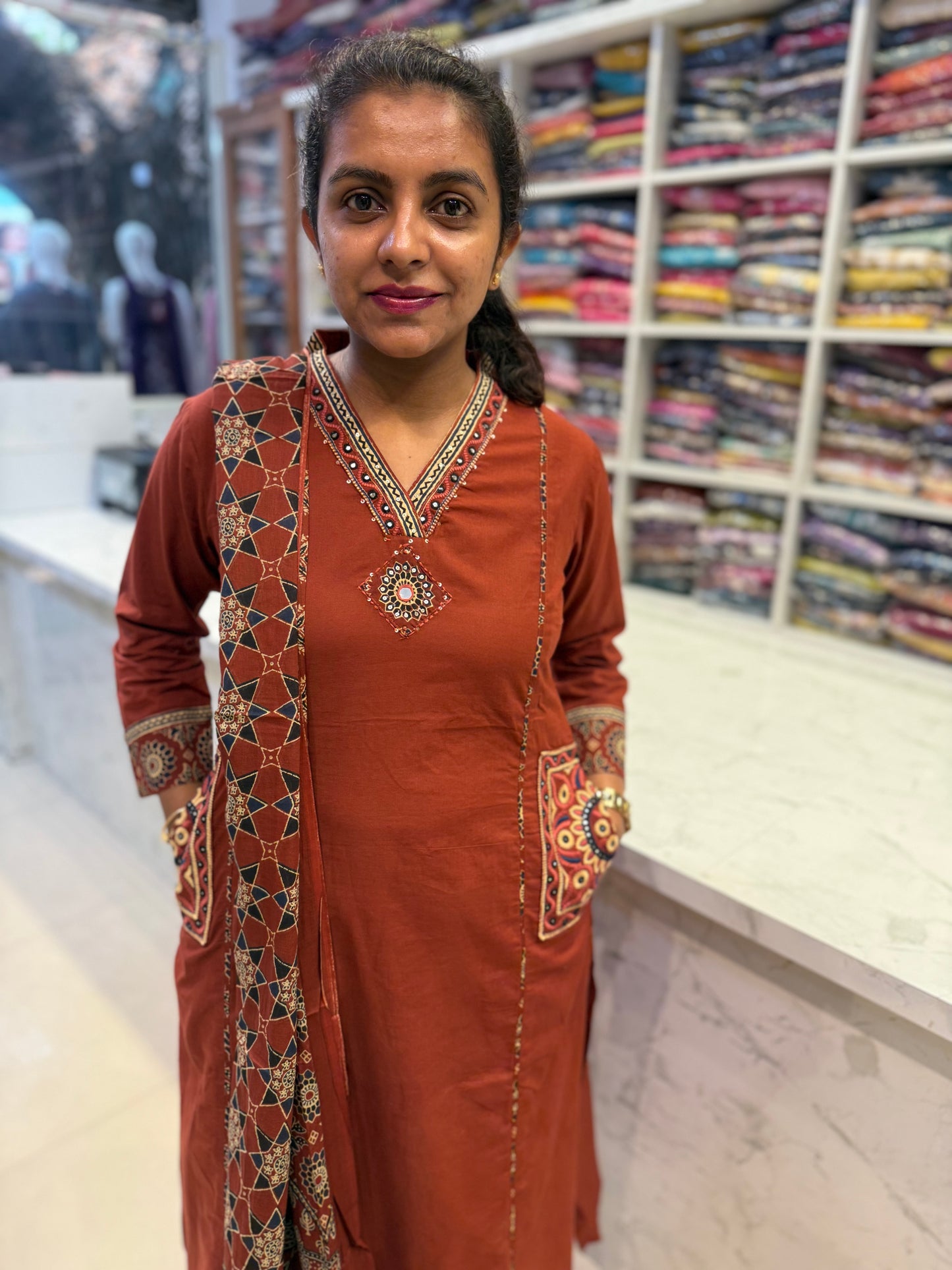 Two sides Pockets Brown Cotton Embroidered Kurti With Pant and Dupatta