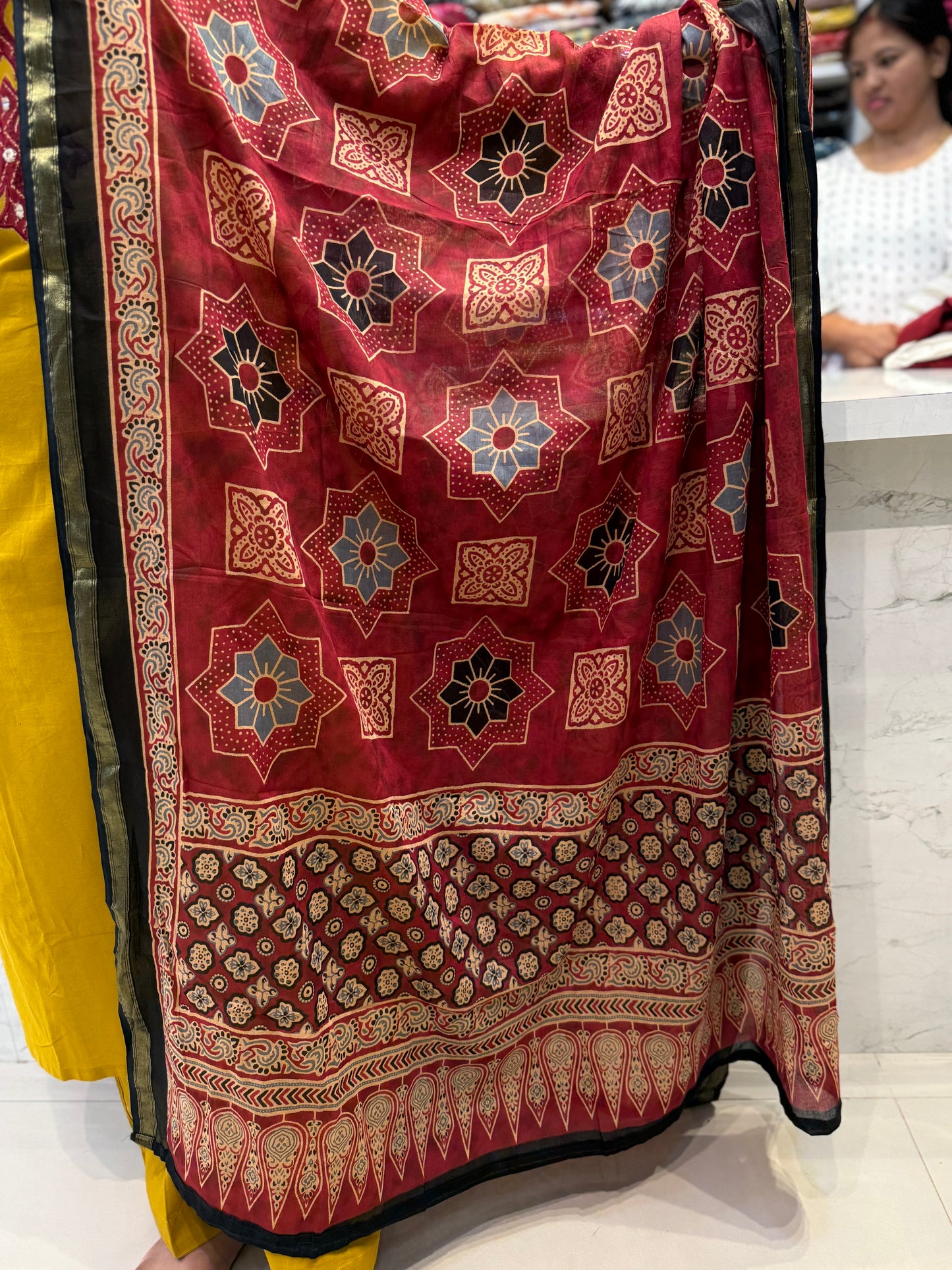 Mustard  Pure Cotton Kurti With Pant and Marron Printed Gajji Silk Dupatta