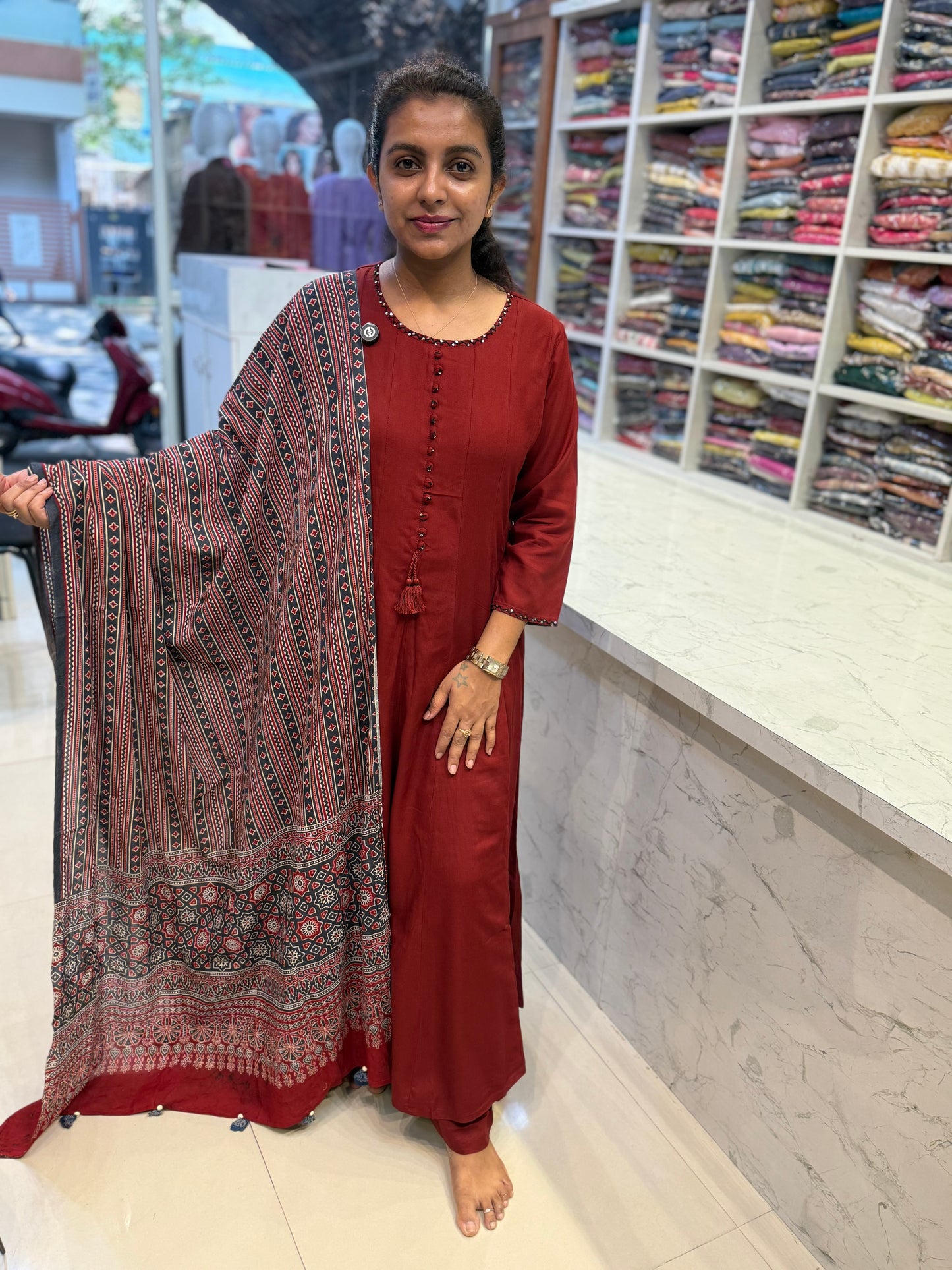 Premium Pure Rayon Ajark Printed Dupatta With Pant-HSC111