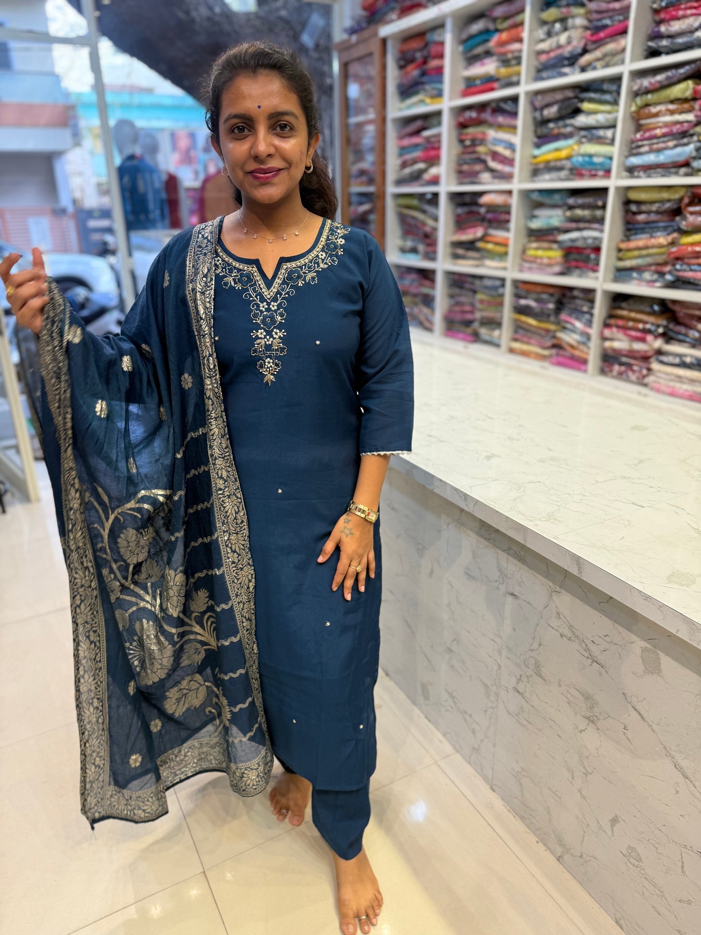 Blue Roman Silk Party wear Kurti With Pant and Dupatta