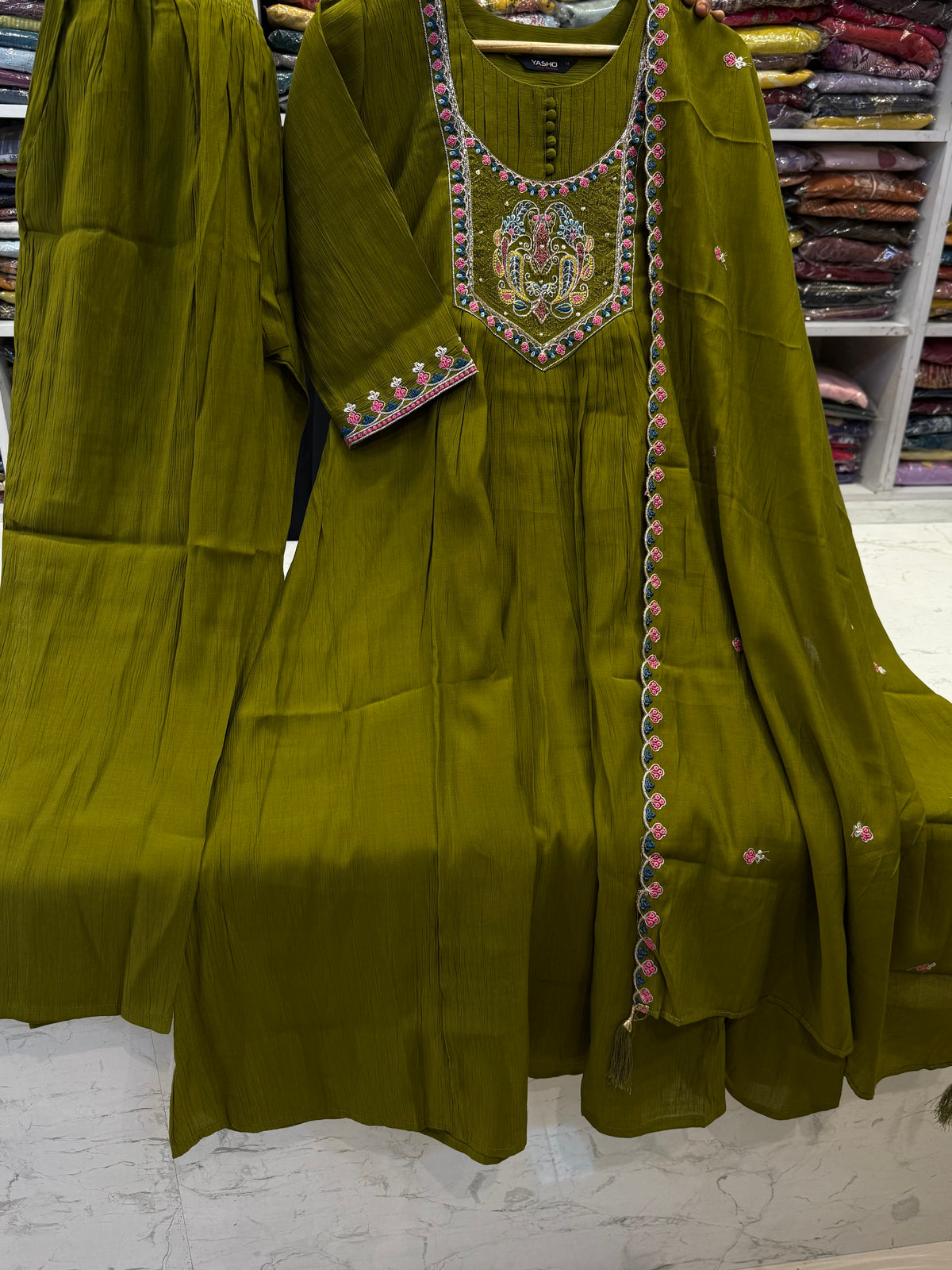 Green Crushed Silk Kurti With Pant and Scallop cut Dupatta -HSC1260