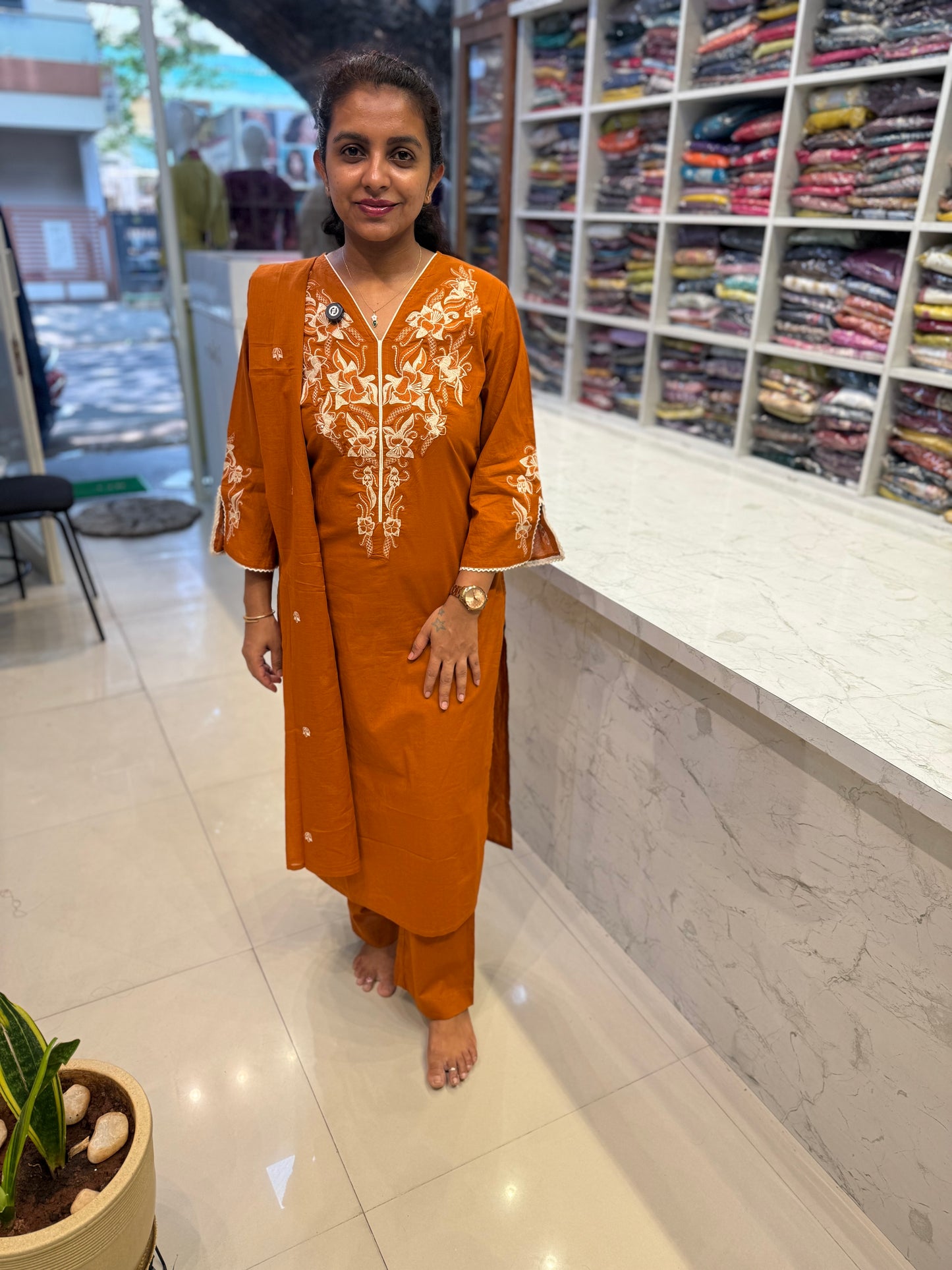 Rust Orange Pure Cotton Embroidery Kurti With Pant and Dupatta-HSC101
