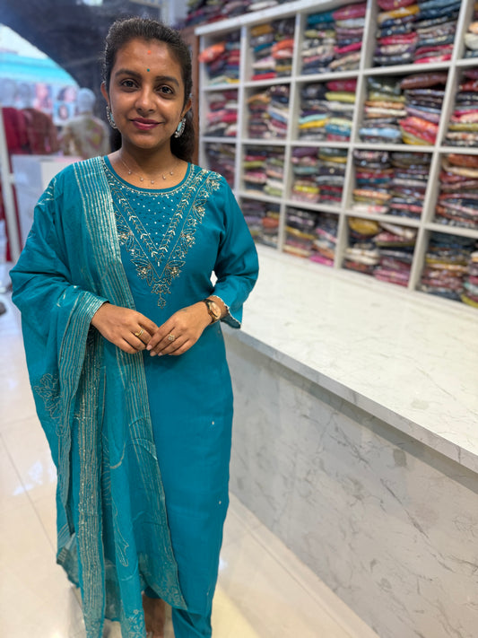 Blue Roman Silk Party wear Kurti With Pant and Dupatta