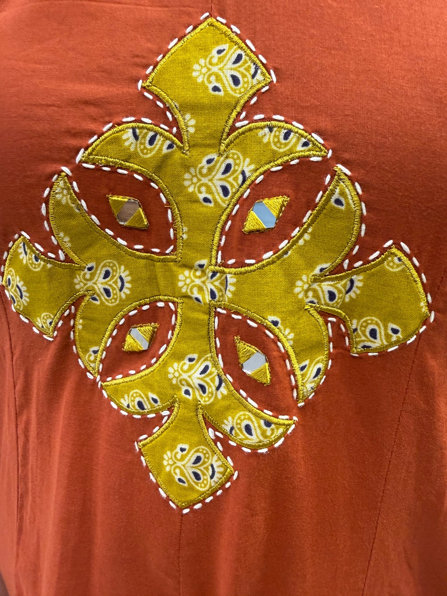 Rust Orange Block Printed Shoulder Kali Kurti With Pant and Dupatta- HSC143