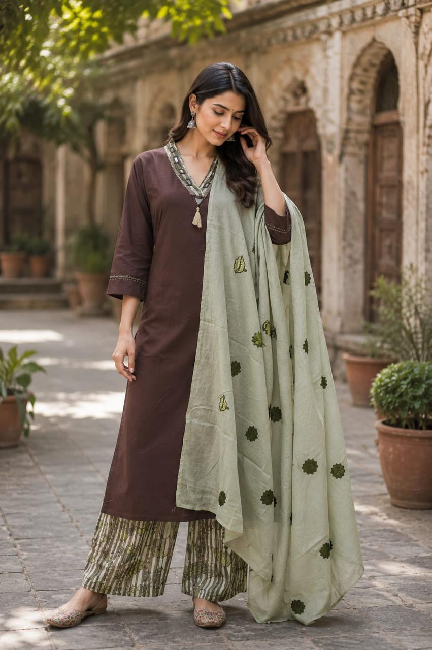 Brown Pure Cotton Kurti With Stripes Pant and Applique Dupatta -HSC1264