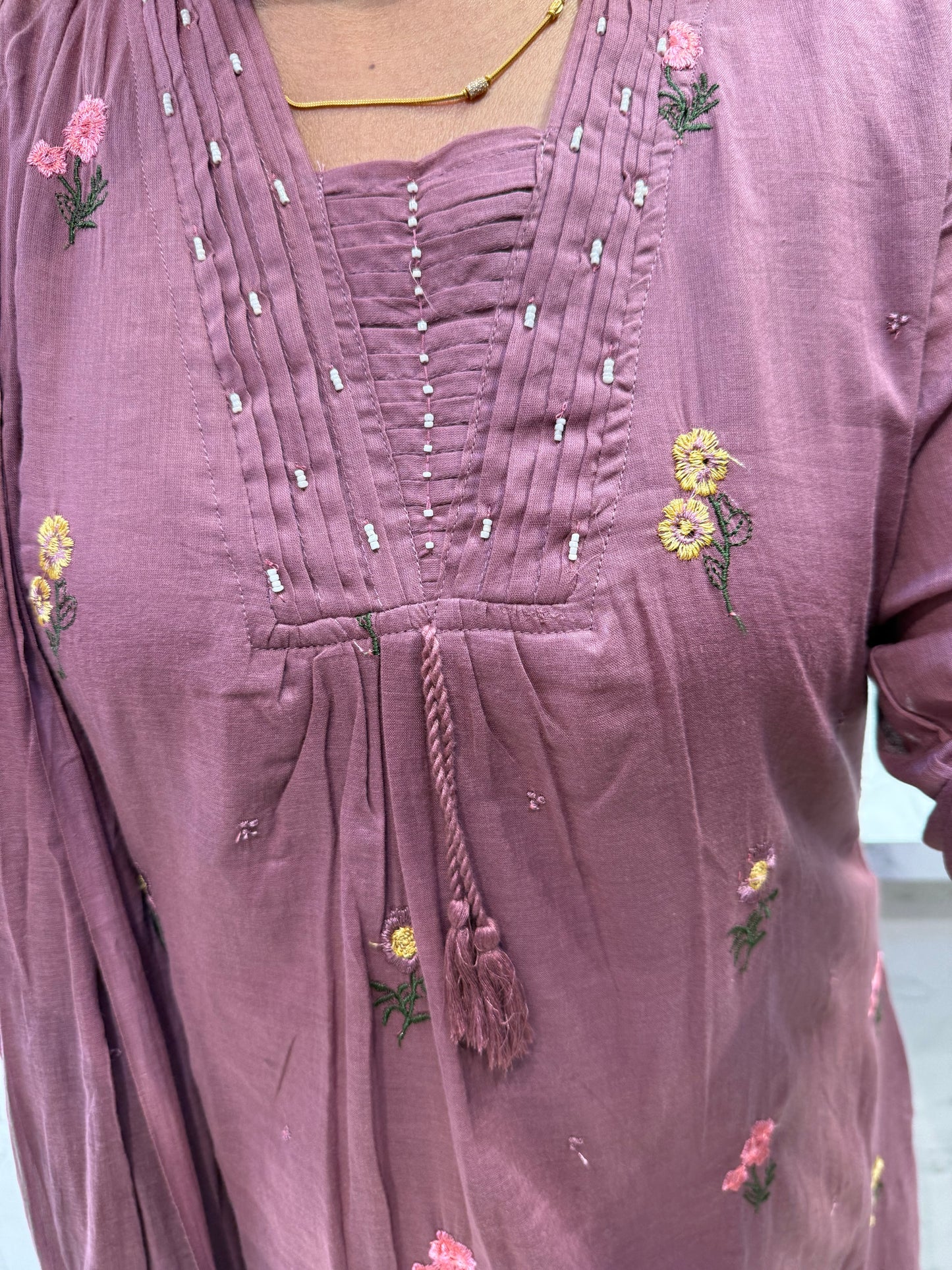 Mauve Pure Mul Cotton Embroidered Kurti With Pant and Dupatta-HSC131