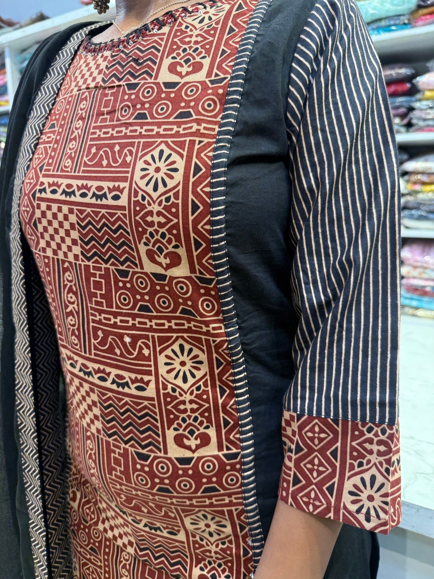 Pure Cotton Black Printed Kurti With Pant and Dupatta