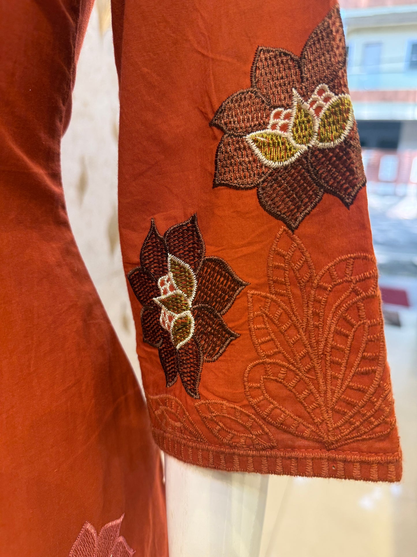 Rust Orange Floral Cutwork Cotton Kurti With Pant and Dupatta-HSC136