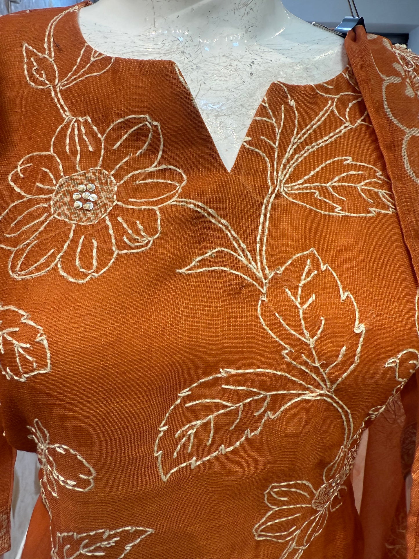Tissue Linen Thread Embroidery Kurti With Pant and Dupatta