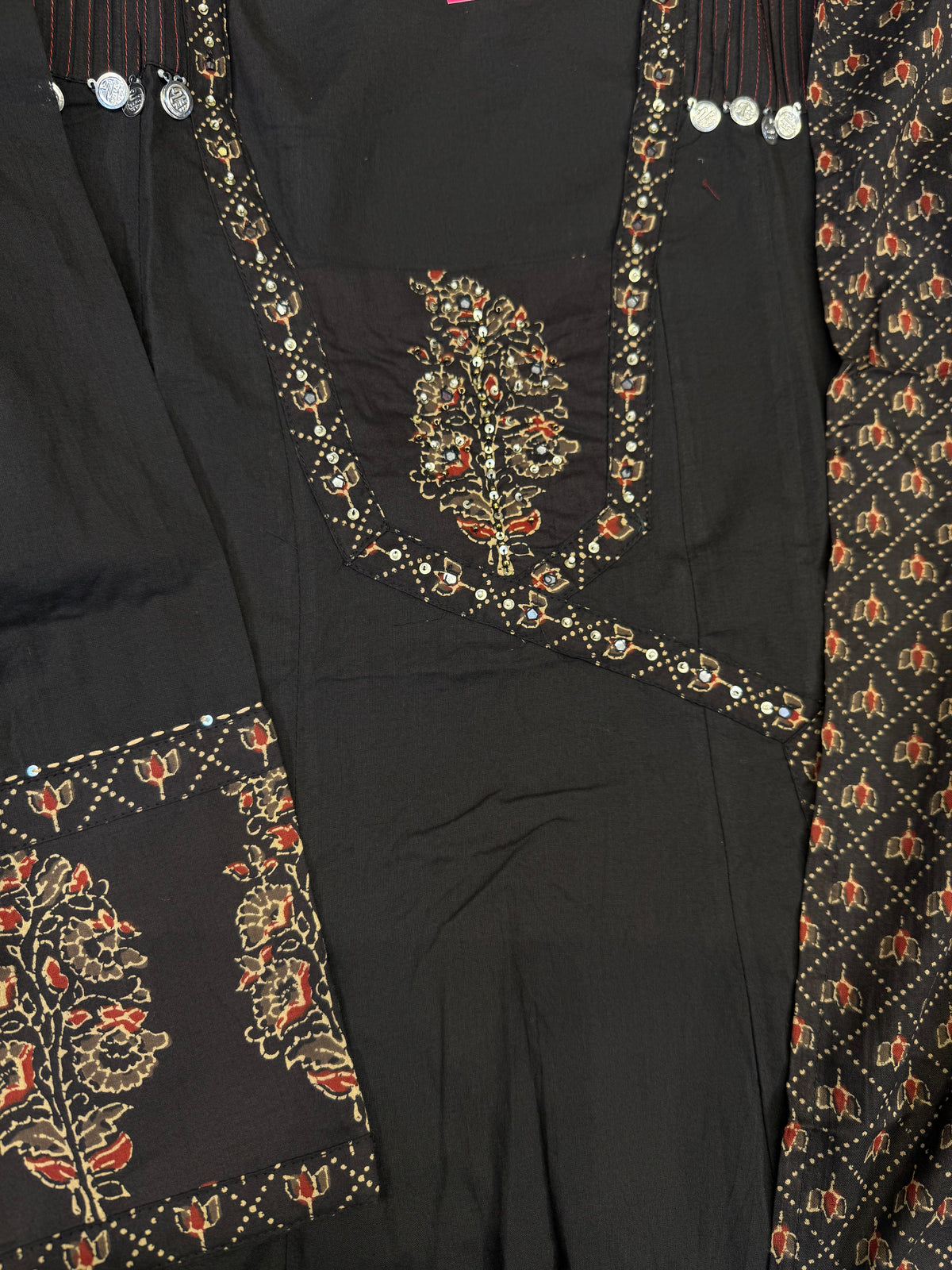 Black Pure Cotton A-line Kurti With Pant and Printed Dupatta -HSC1262