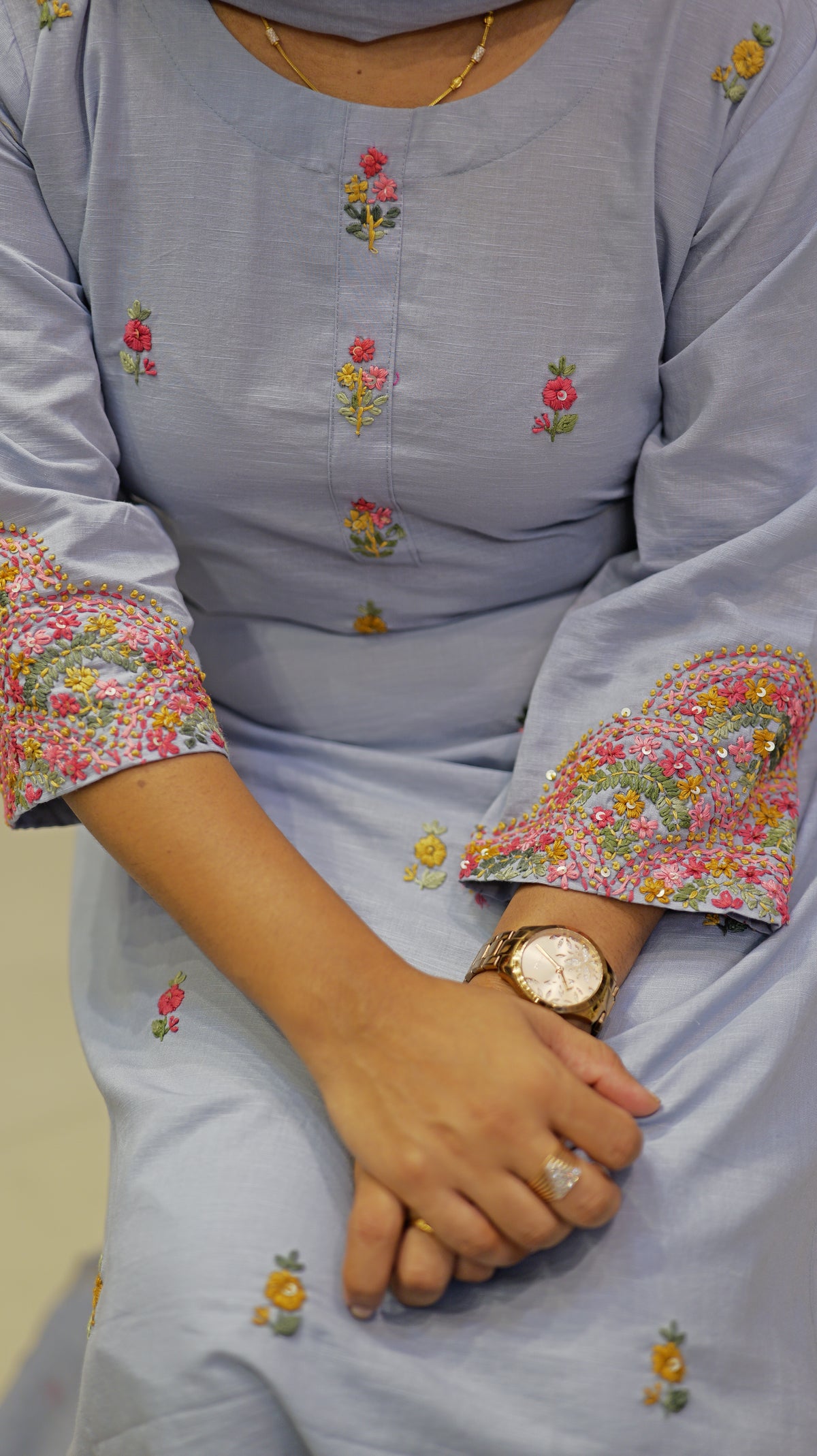 Blue Hand Embroidery Pure Cotton Kurti With Pant and Dupatta -HSC1292