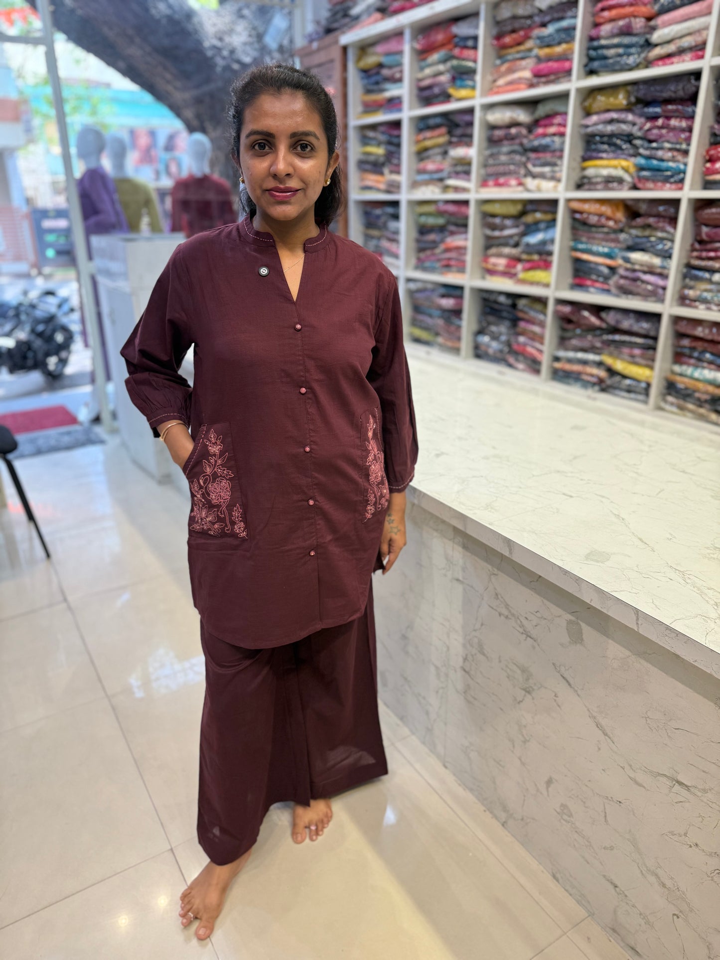 Deep Wine Cotton Two Sides Pockets Co-ords Set-HSC15