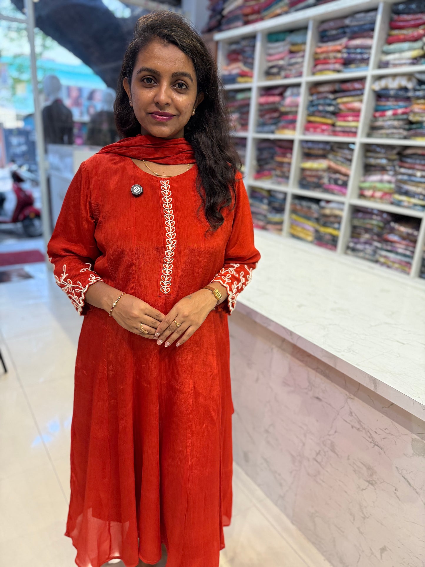 Rust Orange Pure Chinnon Hand Embroidery Kurti With Pant and Dupatta-HSC134