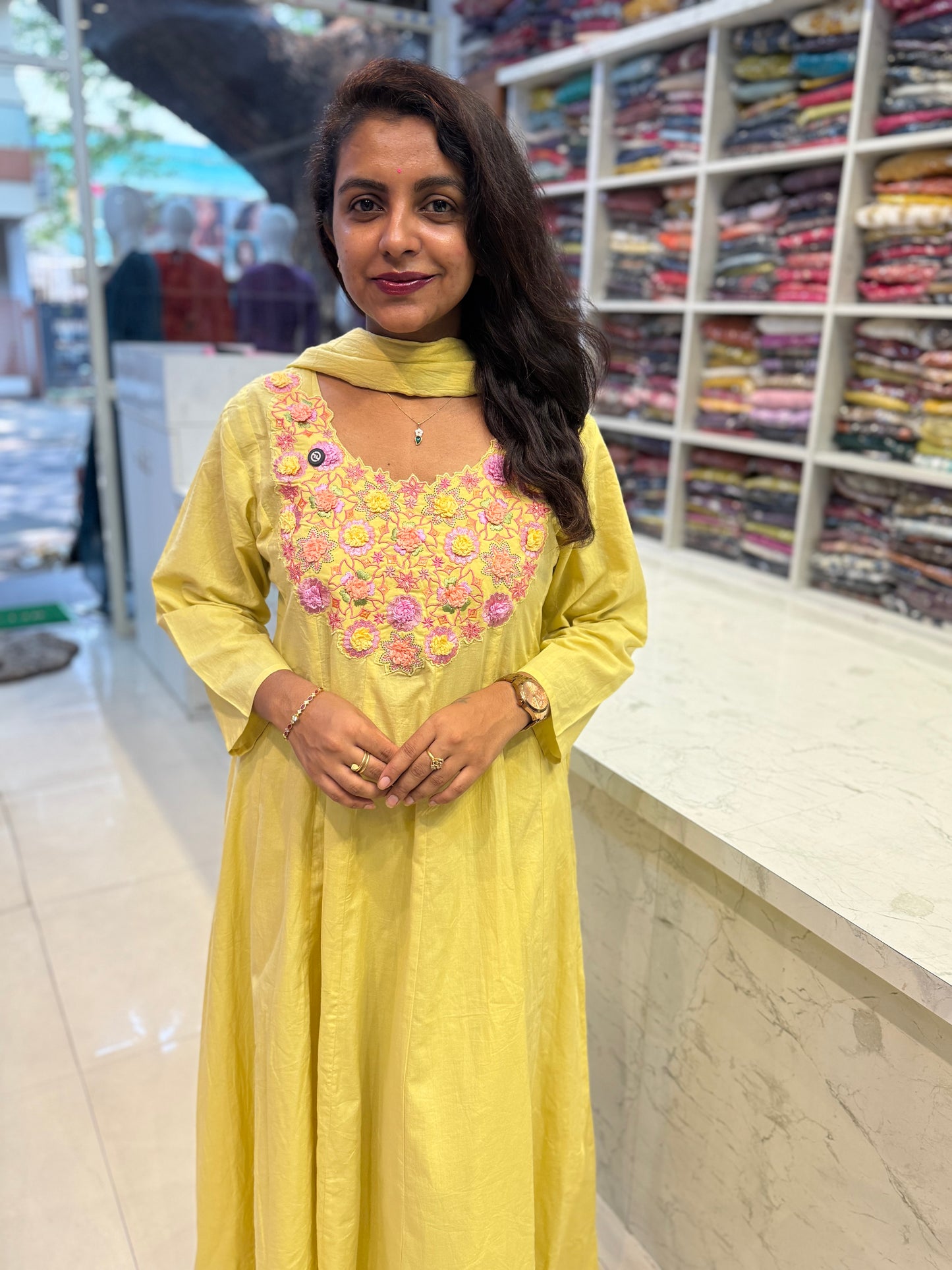 Butter Yellow Designer Wear Pure Cotton Hand Embroidery Anarkali Kurti With Pant and Dupatta-HSC103