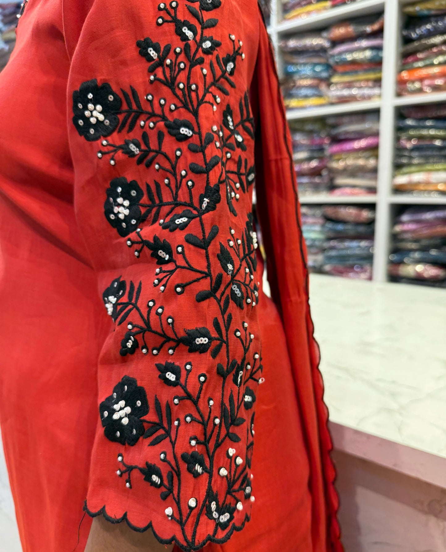 Red Pure Silk Handwork Kurti with Scallop cut work dupatta with pant-HSC42