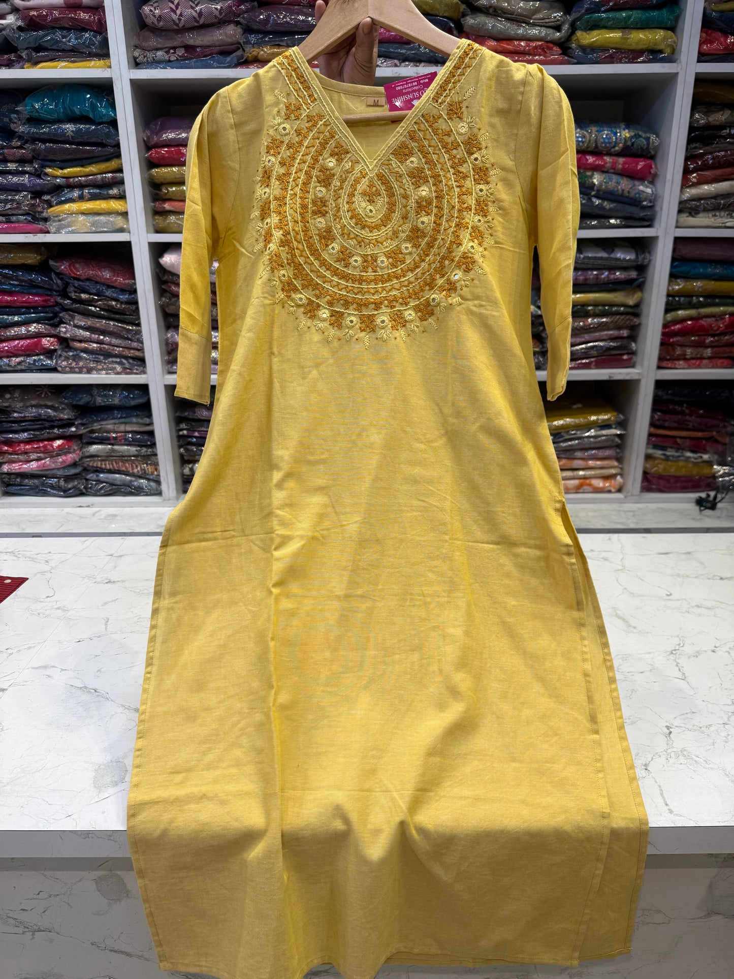 Mustard Thread Work Cotton Kurti