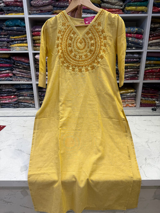 Mustard Thread Work Cotton Kurti