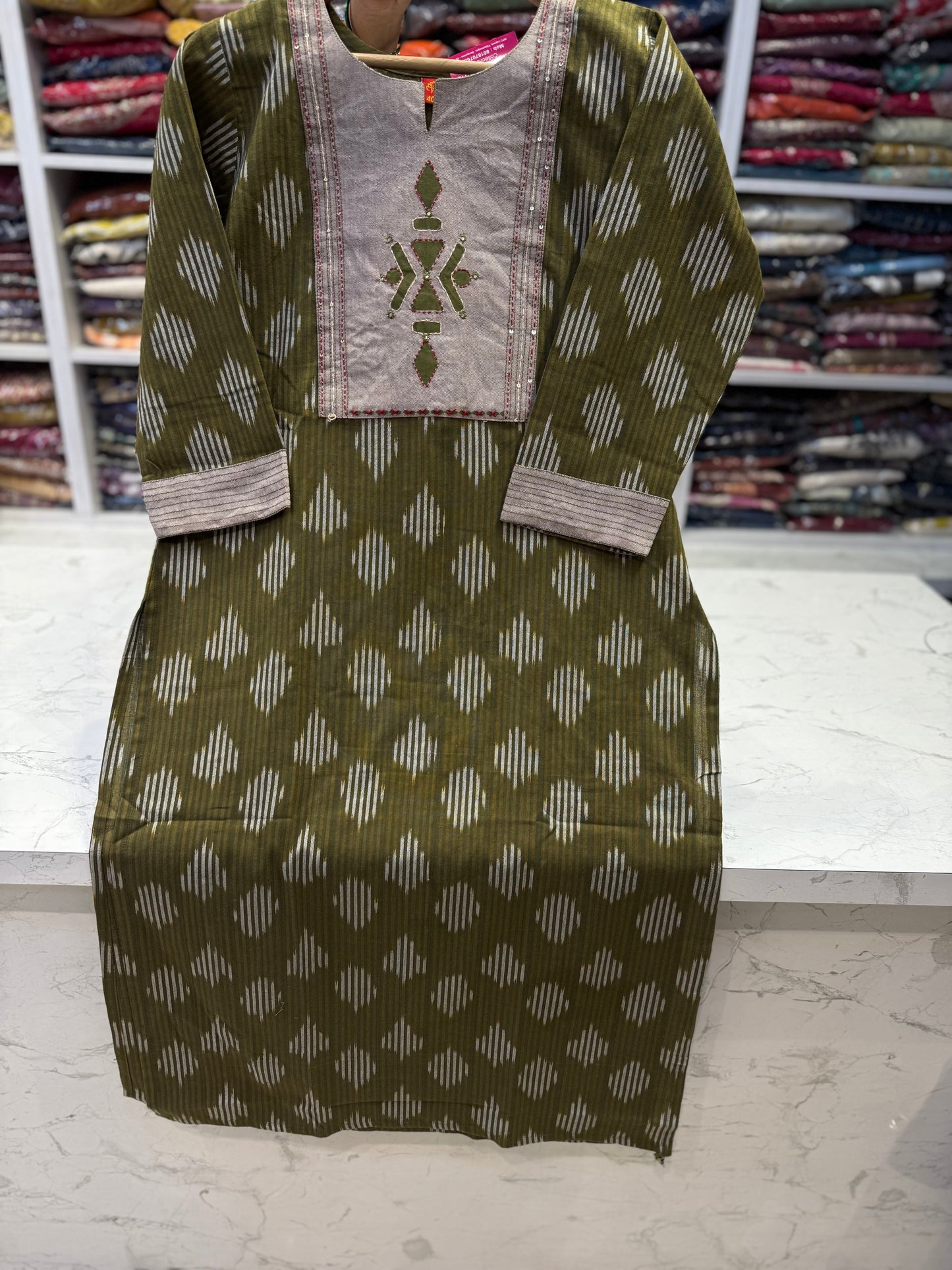 Green Pure Cotton Embroidered Kurti