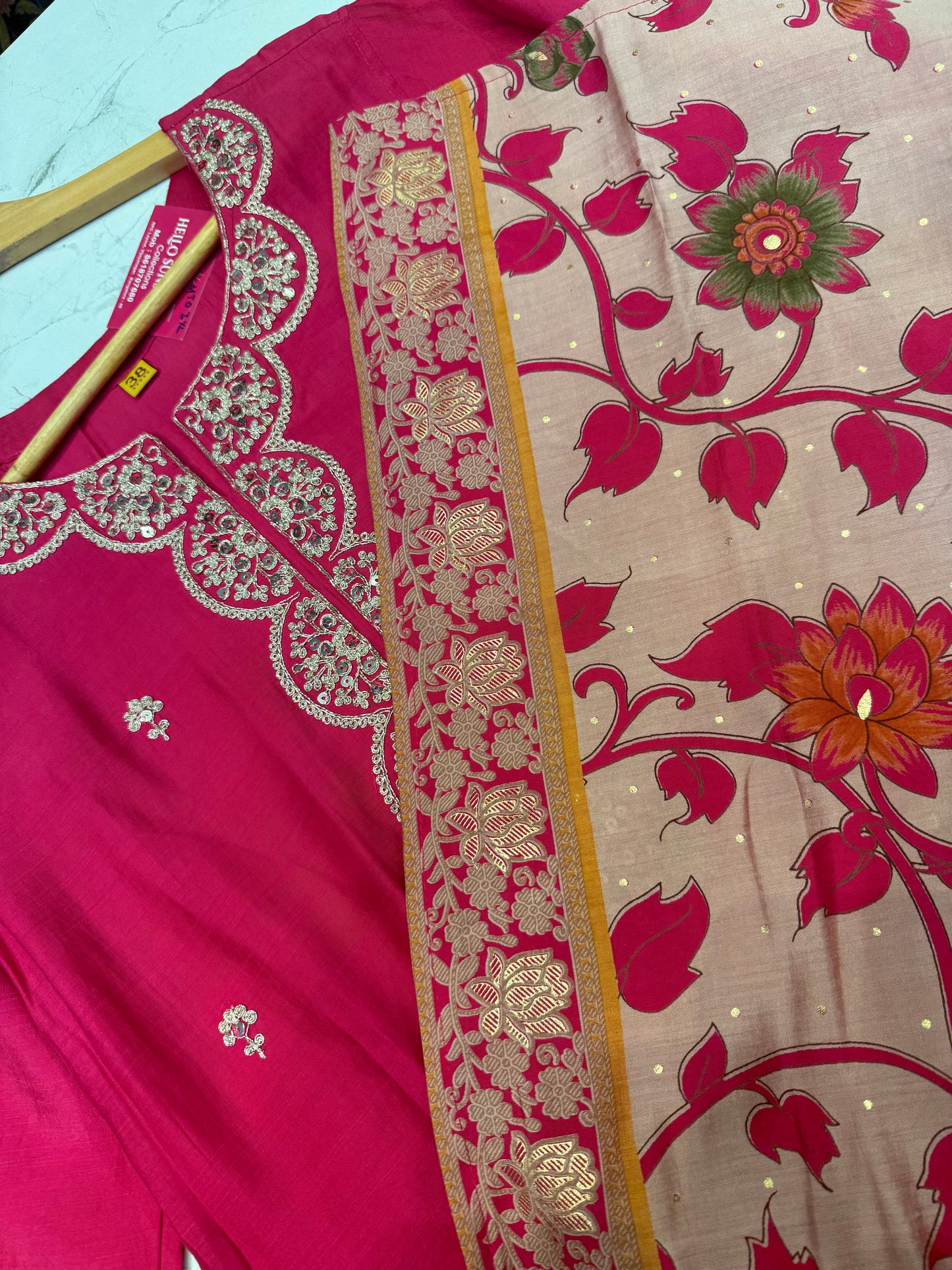 Floral Pink Semi Party wear Kurti With pant and Printed Dupatta