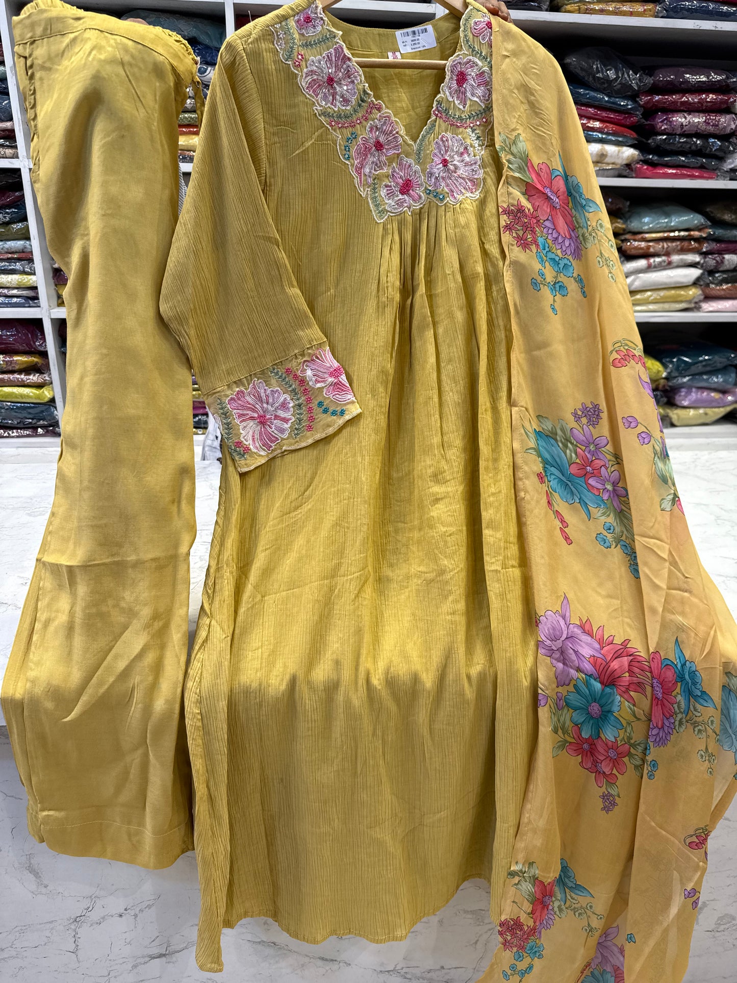 Mustard Crush Chinnon A-line Kurti With Pant and Printed Dupatta - HSC1158