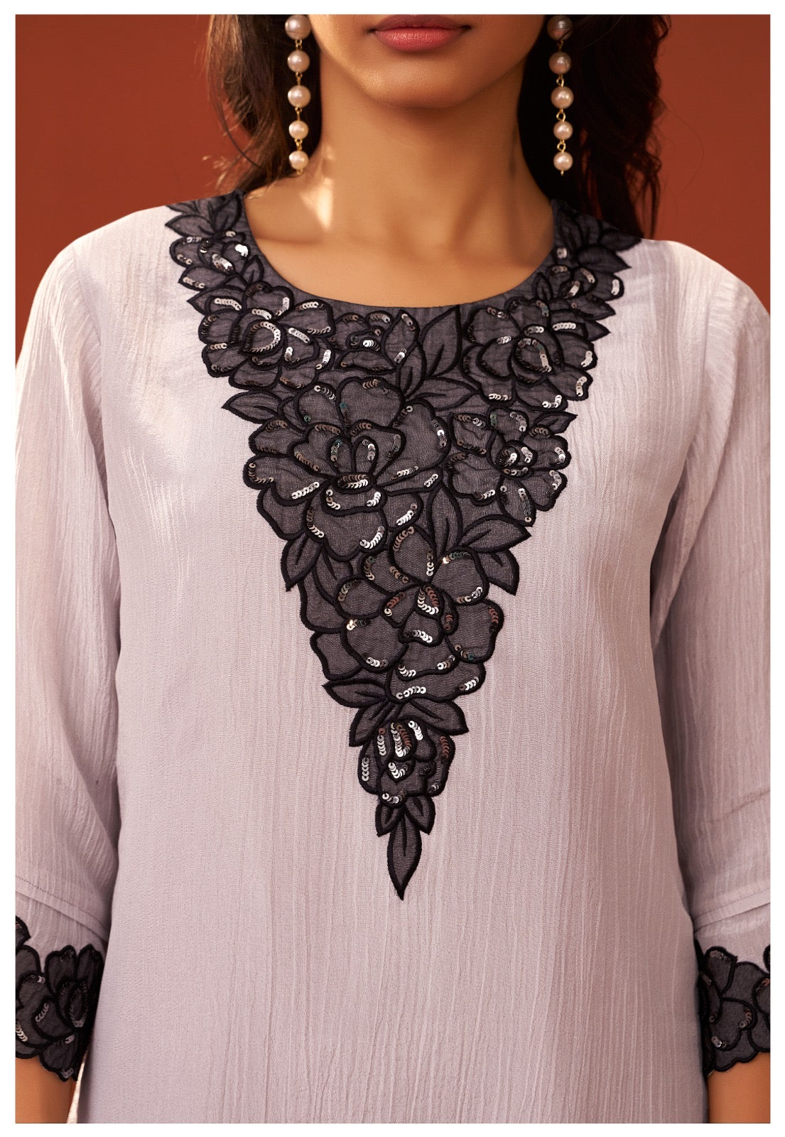 Shimmer Crush Thread Embroidery Kurti With Divider Pant with Scallop Dupatta-HSC155
