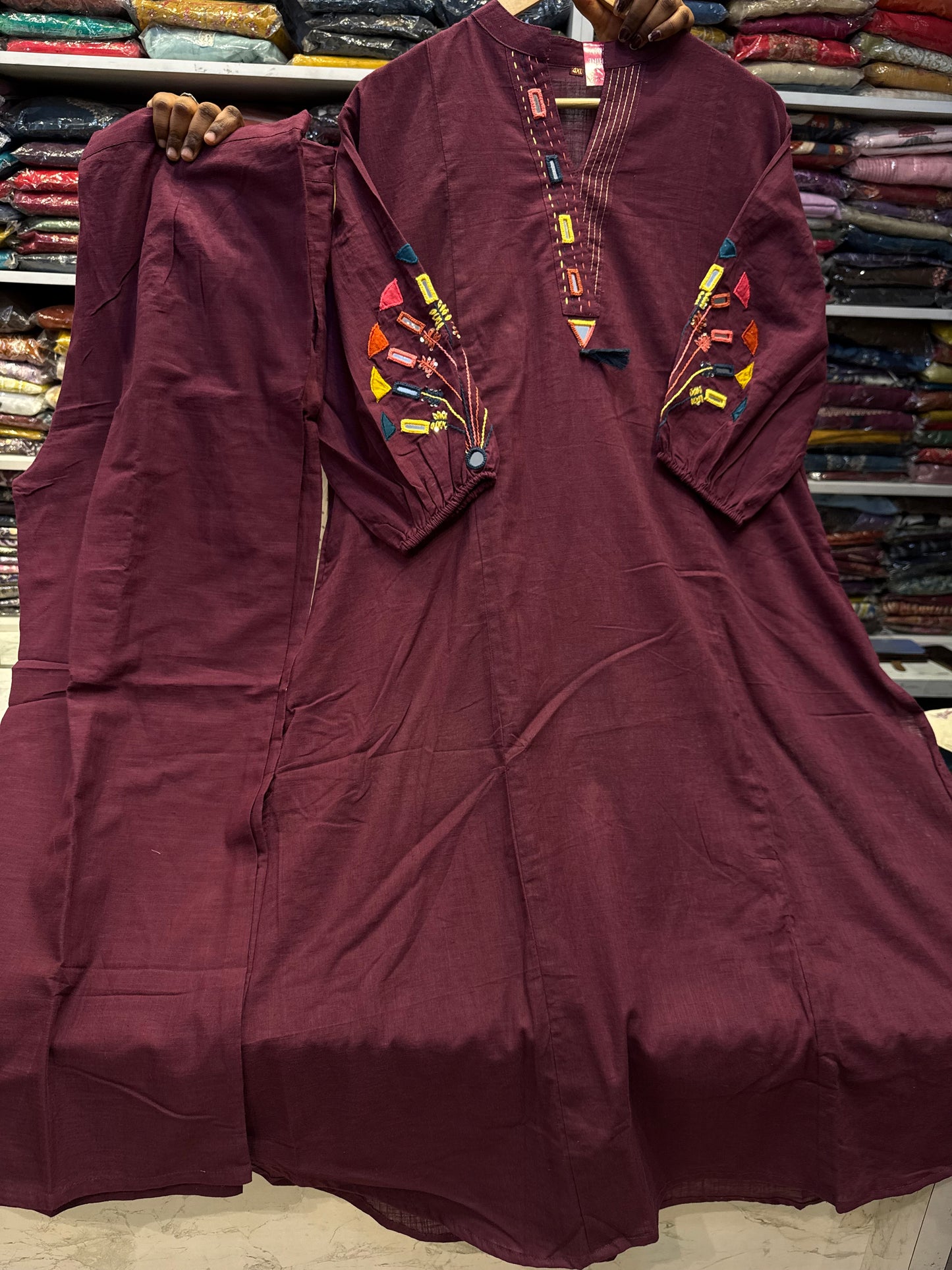 Wine Hand Embroidery Pure Cotton Kurti With Pant