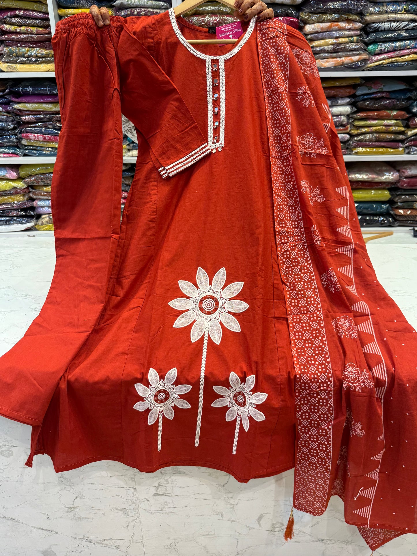 Rust Orange Embroidery Kurti With Pant and Dupatta