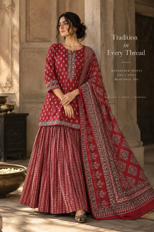 Red Pure Cotton Printed Kurti With Skirt and Dupatta -HSC1302