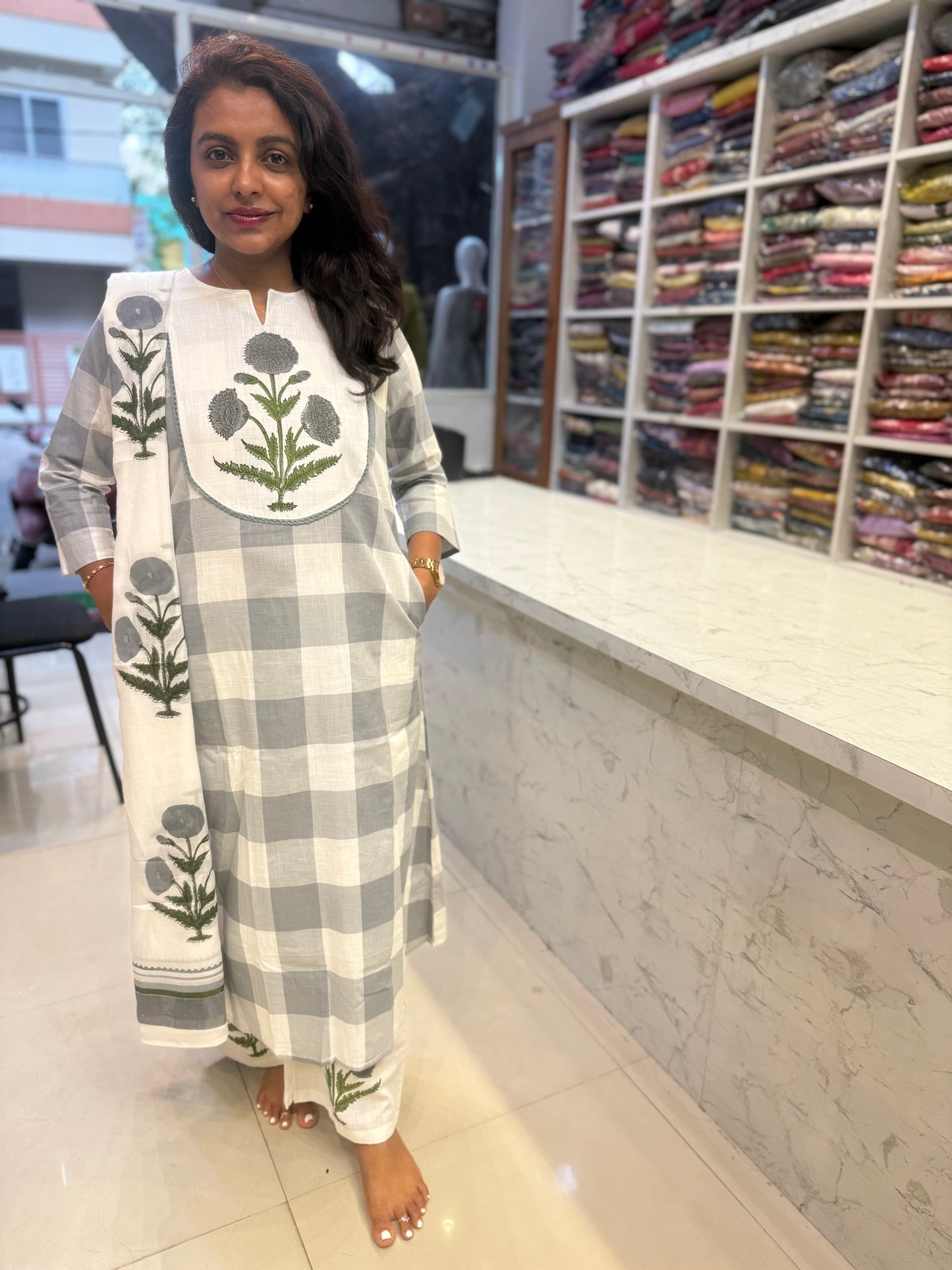 Grey Checks Pure Cotton Kurti With Pant and Dupatta