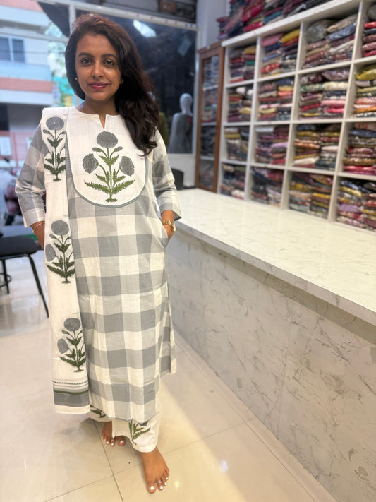 Grey Checks Pure Cotton Kurti With Pant and Dupatta-HSC183