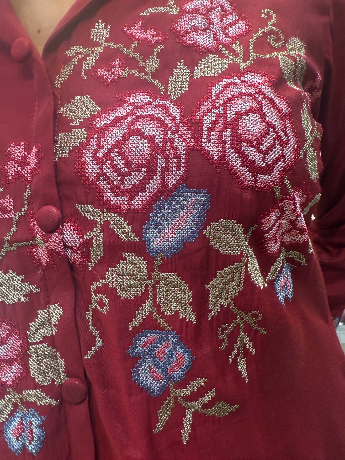 Marron Cross Stitch Work Silk Co-ords Set