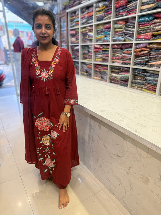 A-line Embroidery Work Kurti With Pant and Dupatta