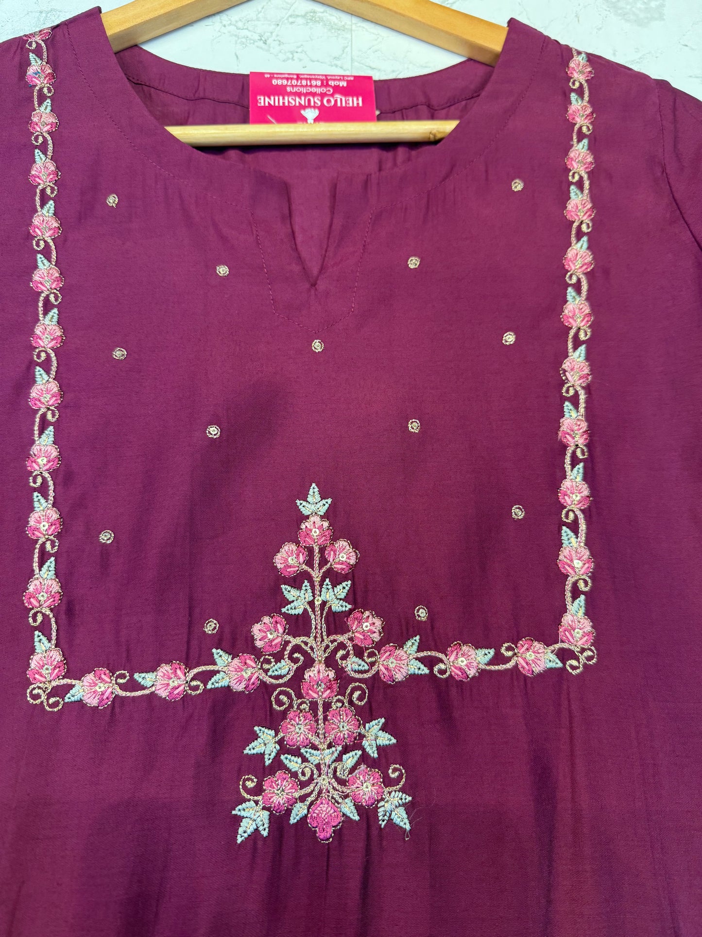 Wine Pure Silk Embroidery Kurti