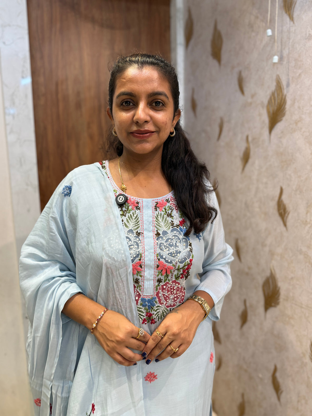 Sky Blue Embroidery Thread Work Kurti With Pant and Dupatta -HSC1236