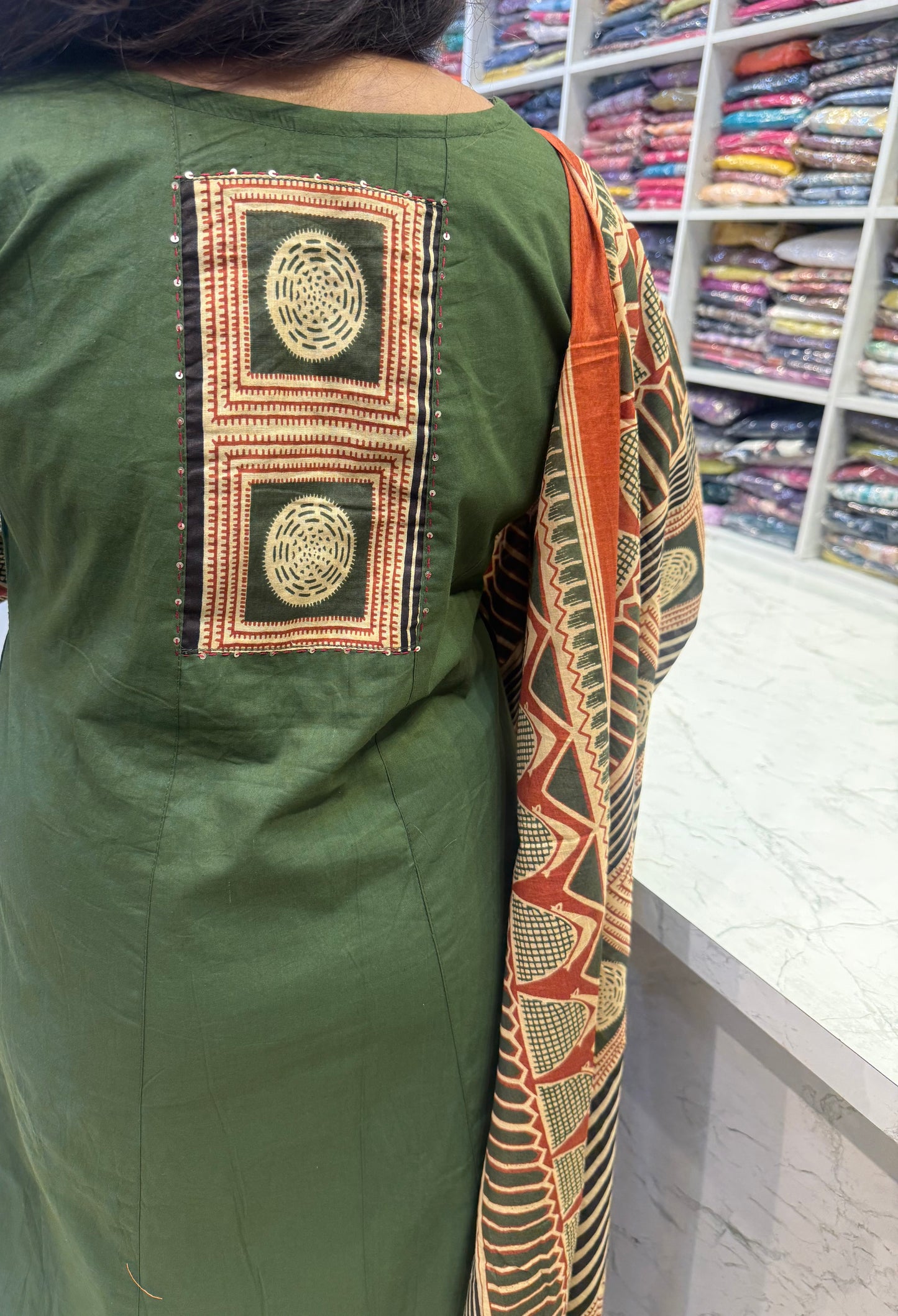 Two Sides Pockets Green Backside Patch Work Printed Kurti With pant and Dupatta-HSC86