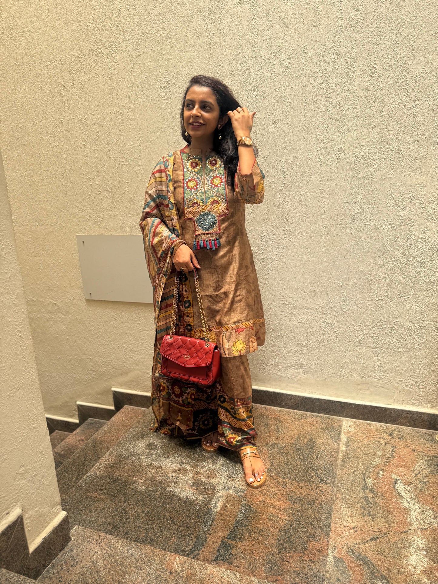 Pure Muslin Floral Printed Kurti With Pant and Dupatta