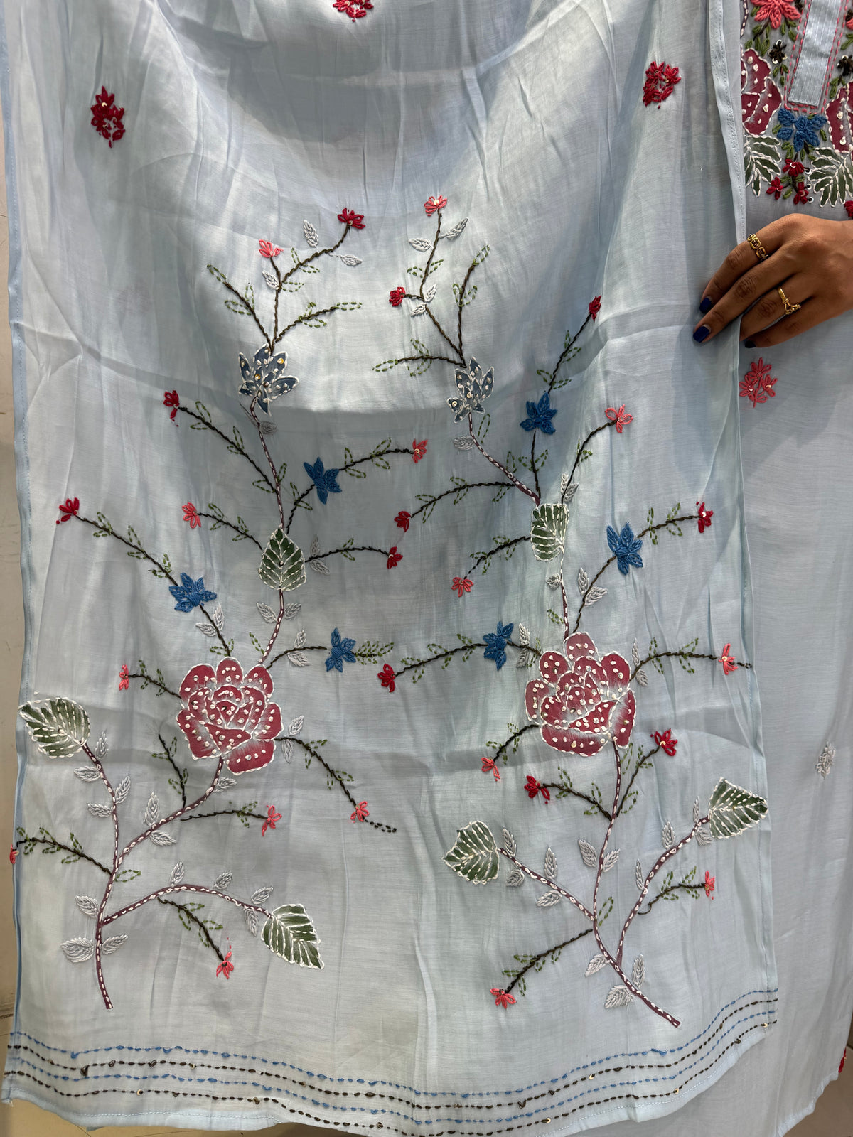 Sky Blue Embroidery Thread Work Kurti With Pant and Dupatta -HSC1236