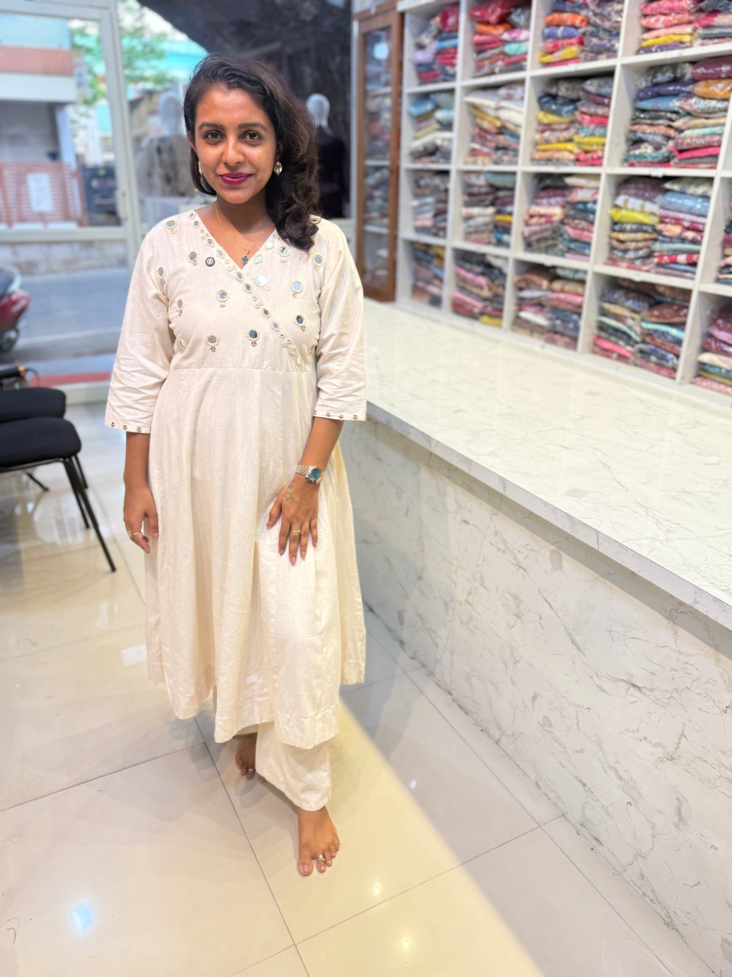 Plain Half white Anarkali set