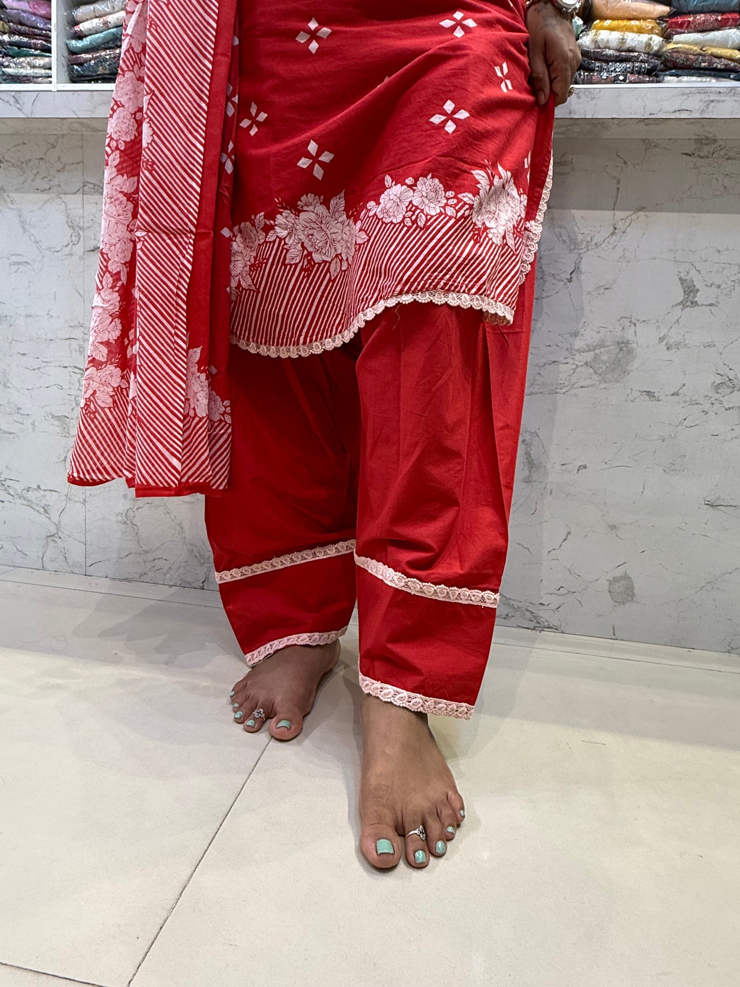 Pure Cotton Red Shell Detail with Kurti with Pant and Dupatta