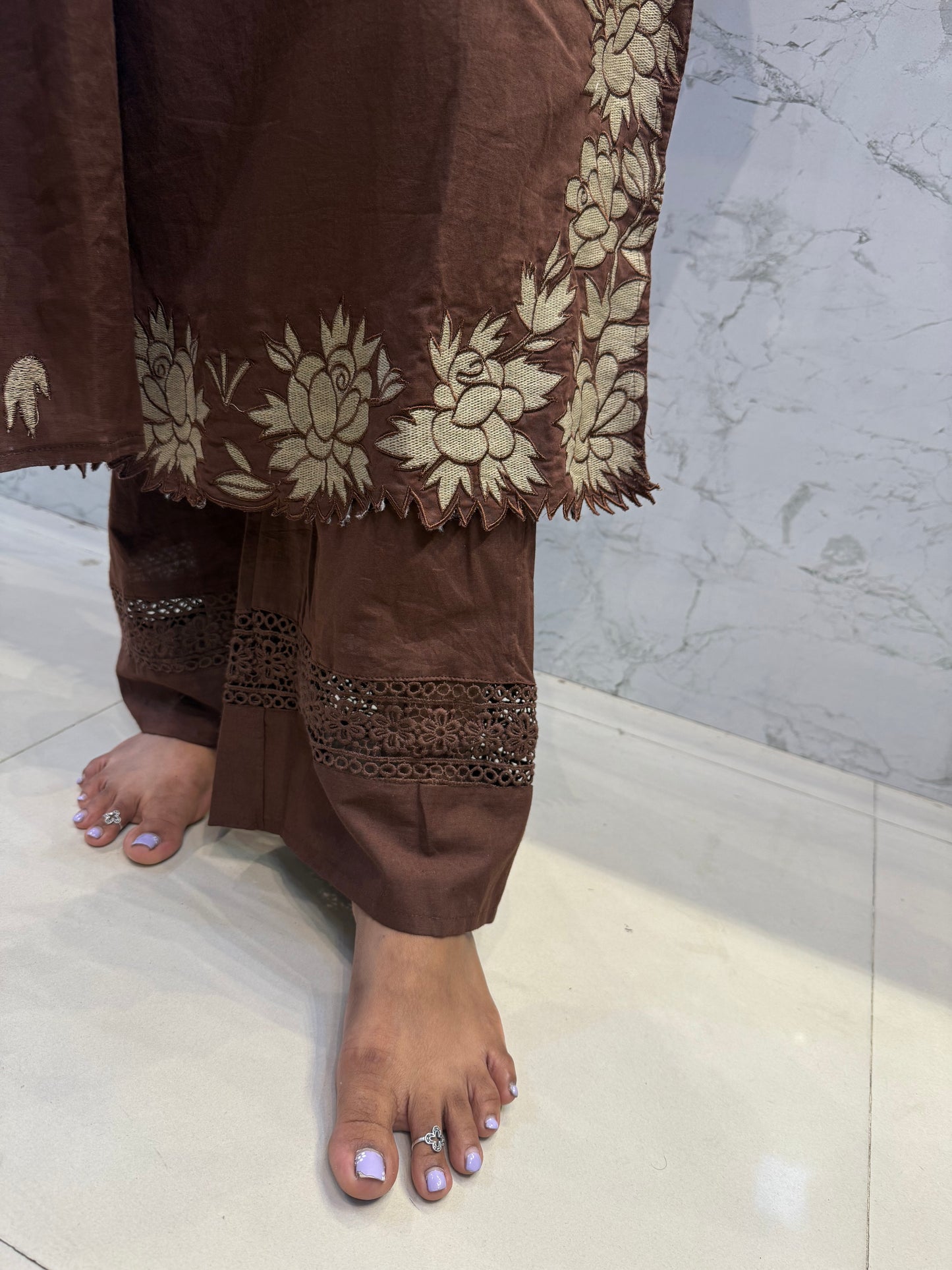 Scallop Cutwork Cotton Kurti With Pant And Dupatta