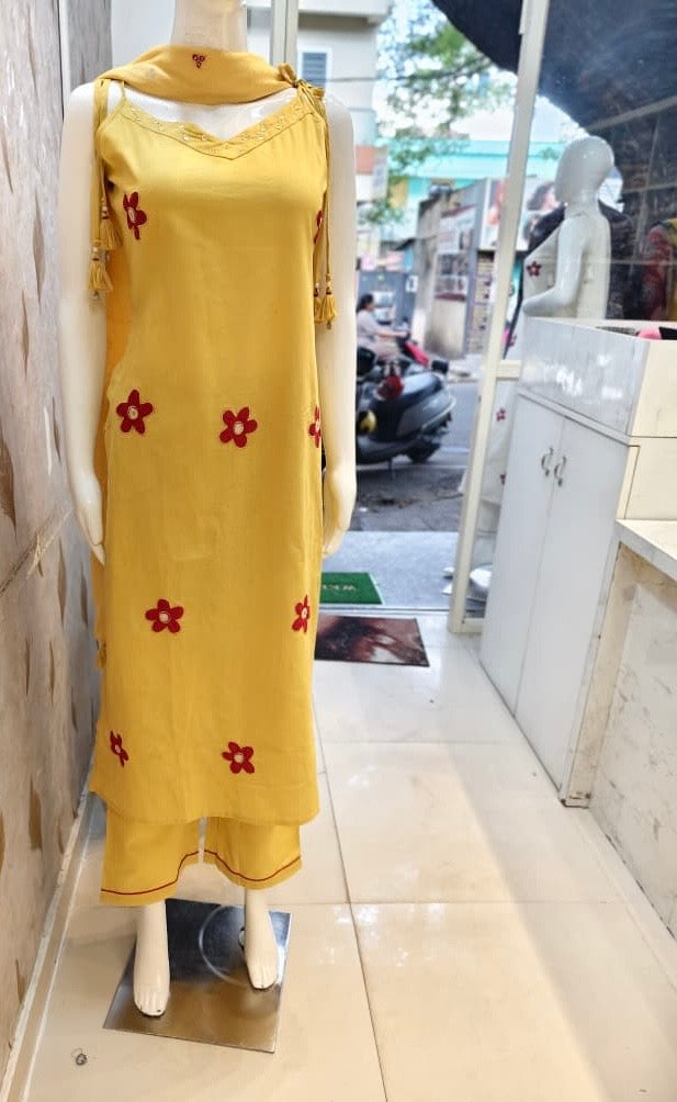 Yellow Cotton Flex Applique Kurti With Pant and Dupatta-HSC170