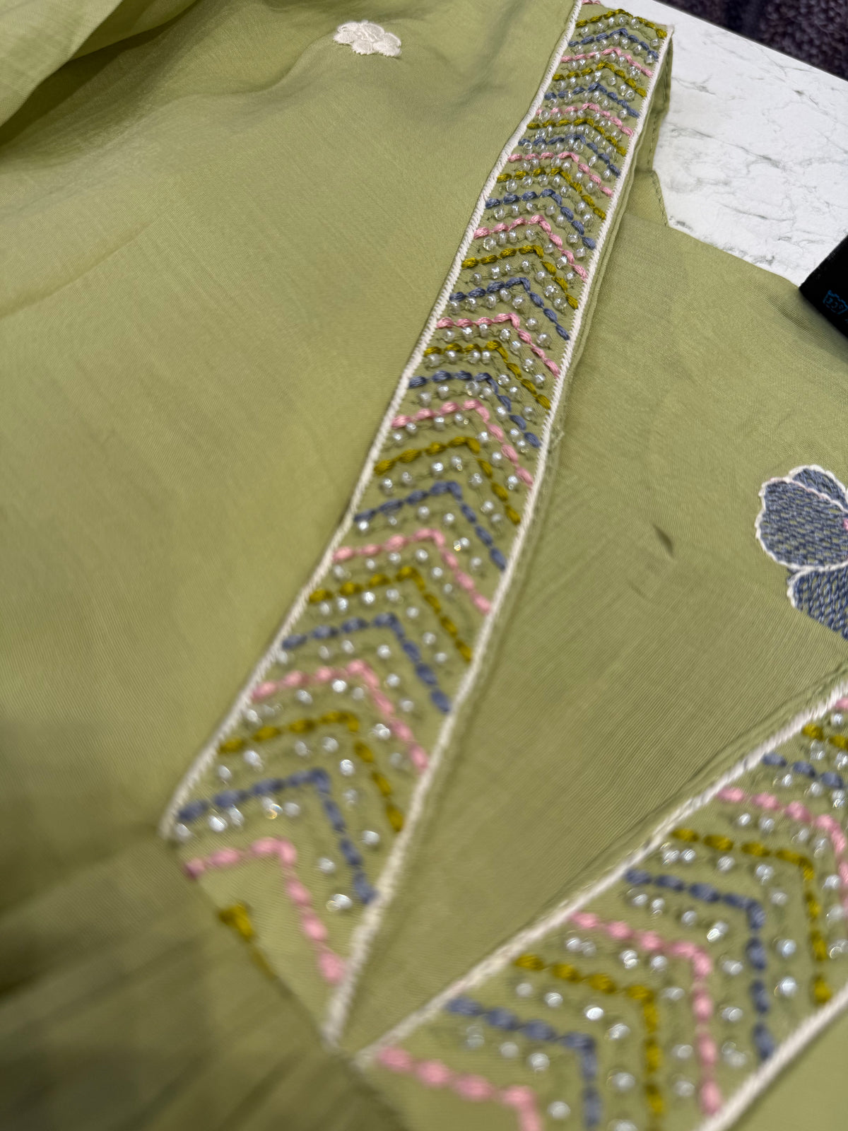 Green Hand Embroidery Kurti With Pant and Scallop Cutwork Dupatta - HSC1189